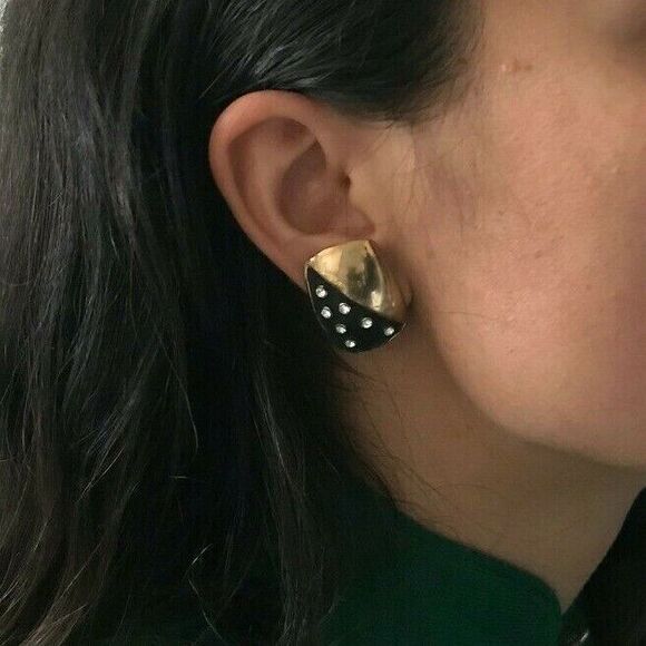vtg 80s gold domino poker statement earrings clipon black statement lavish retro - Picture 2 of 3